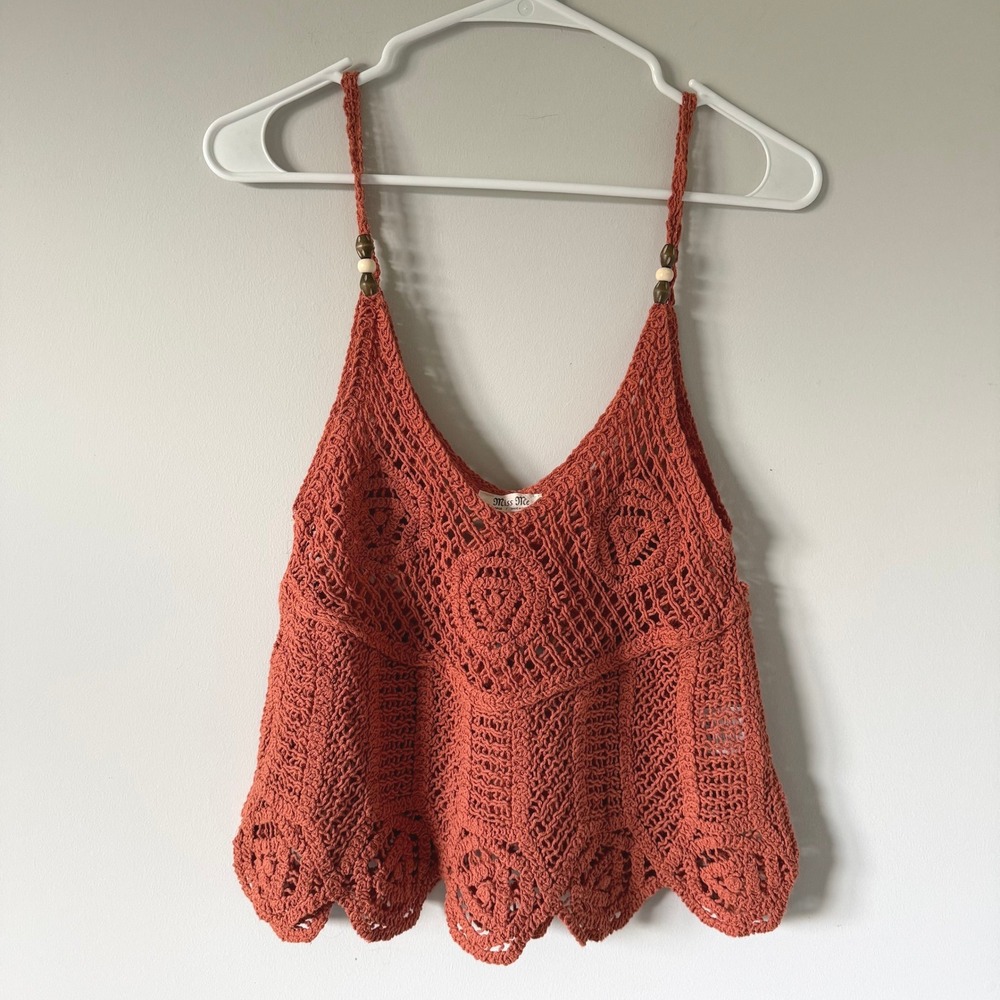 Miss Me Crochet Beaded Strap Camisole Tank Top Rust Orange L Boho Hippie Western